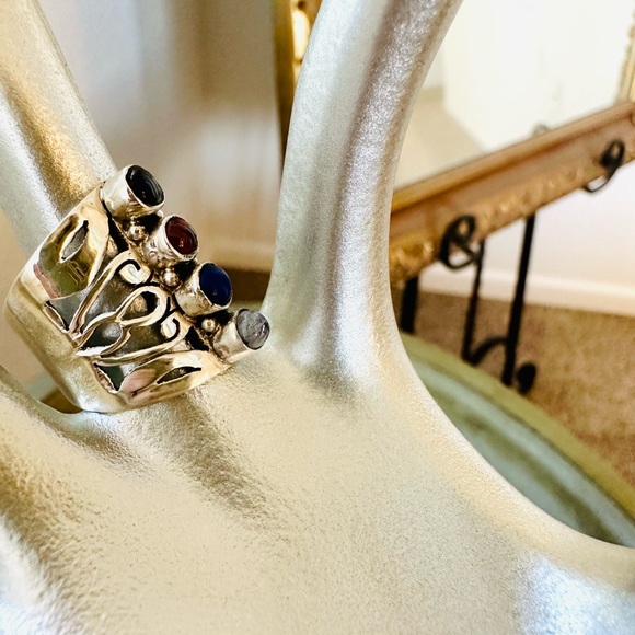 Silver Wide Multi Stone Modernist Ring - Picture 8 of 14